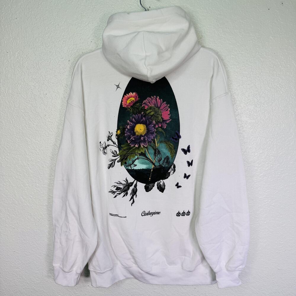 Civil Regime Hoodie Mens Large White Floral Butterfly Graphic Pullover Sweater